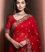 Red Color Plain Saree With Sequins Embroidery And Jaipuri Dori Work  Satin Silk Blend Saree