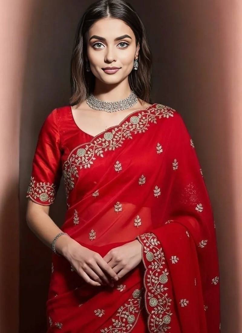 Red Color Plain Saree With Sequins Embroidery And Jaipuri Dori Work  Satin Silk Blend Saree