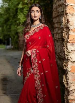 Red Color Plain Saree With Sequins Embroidery And Jaipuri Dori Work  Satin Silk Blend Saree 2
