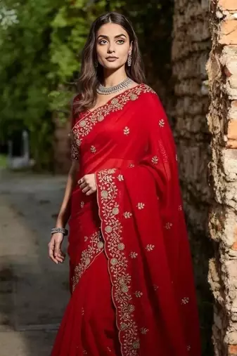 Red Color Plain Saree With Sequins Embroidery And Jaipuri Dori Work  Satin Silk Blend Saree