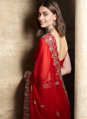 Red Color Plain Saree With Sequins Embroidery And Jaipuri Dori Work  Satin Silk Blend Saree 3