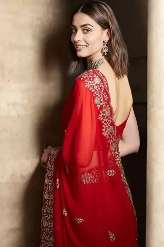 Red Color Plain Saree With Sequins Embroidery And Jaipuri Dori Work  Satin Silk Blend Saree