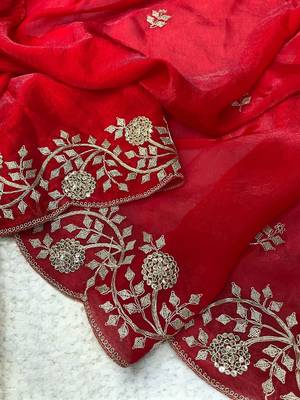 Red Color Plain Saree With Sequins Embroidery And Jaipuri Dori Work  Satin Silk Blend Saree 4