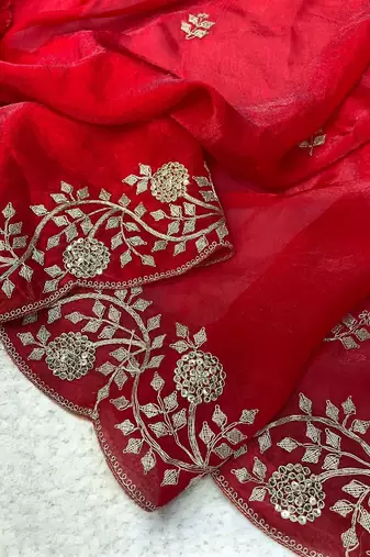 Red Color Plain Saree With Sequins Embroidery And Jaipuri Dori Work  Satin Silk Blend Saree