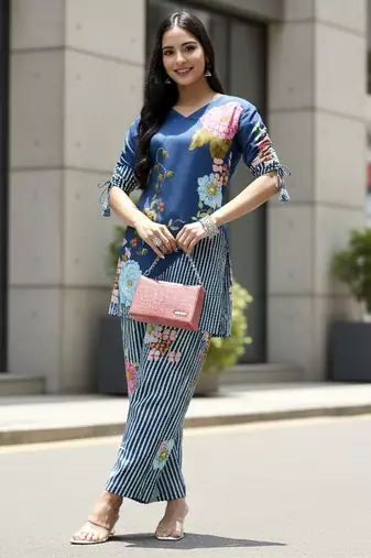  turquoise blue digtal print a-line muslin co-ord set