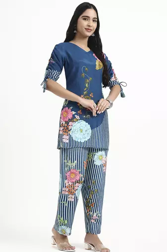  turquoise blue digtal print a-line muslin co-ord set