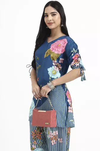  turquoise blue digtal print a-line muslin co-ord set