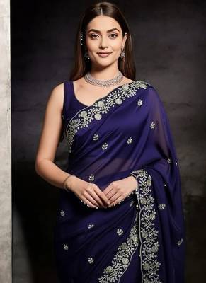 Purple Color Plain Saree With Sequins Embroidery And Jaipuri Dori Work  Satin Silk Blend Saree 1