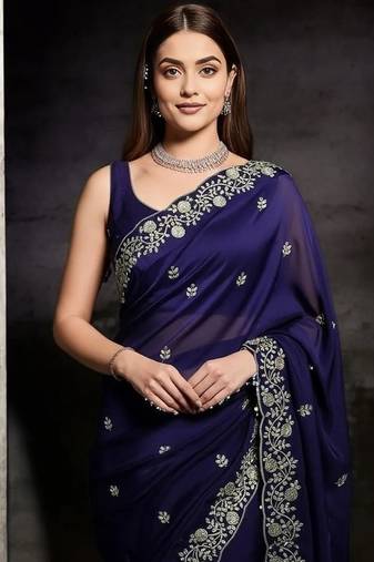 Purple Color Plain Saree With Sequins Embroidery And Jaipuri Dori Work  Satin Silk Blend Saree