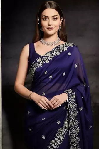 Purple Color Plain Saree With Sequins Embroidery And Jaipuri Dori Work  Satin Silk Blend Saree