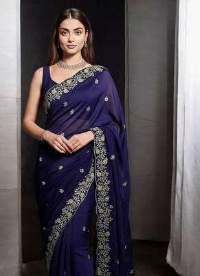 Purple Color Plain Saree With Sequins Embroidery And Jaipuri Dori Work  Satin Silk Blend Saree 2
