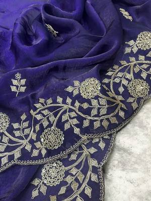 Purple Color Plain Saree With Sequins Embroidery And Jaipuri Dori Work  Satin Silk Blend Saree 4