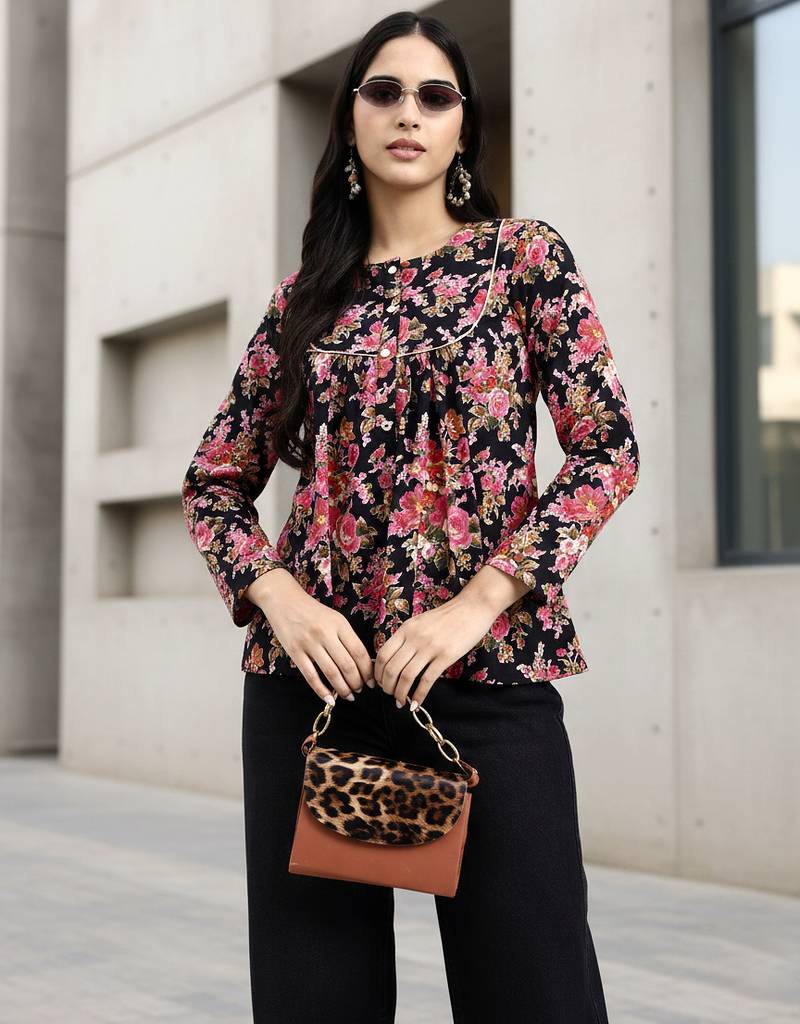  black and pink cotton flare top