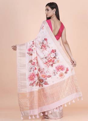 Pink coloured  floral styled weaved border buta with digital printed chanderi saree with blouse 2