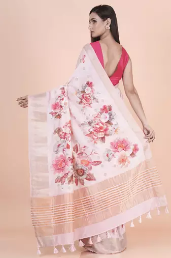 Pink coloured  floral styled weaved border buta with digital printed chanderi saree with blouse