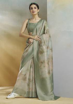 olive handloom silk blend woven saree with unstitched blouse piece 1