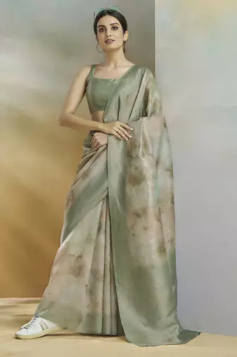 olive handloom silk blend woven saree with unstitched blouse piece