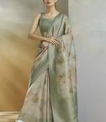 olive handloom silk blend woven saree with unstitched blouse piece