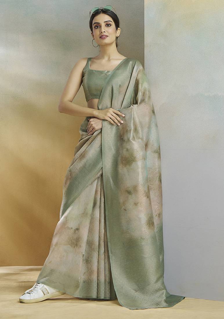 olive handloom silk blend woven saree with unstitched blouse piece