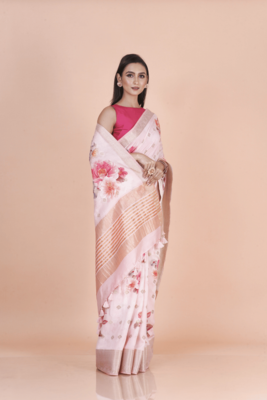 Pink coloured  floral styled weaved border buta with digital printed chanderi saree with blouse 3