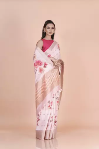 Pink coloured  floral styled weaved border buta with digital printed chanderi saree with blouse