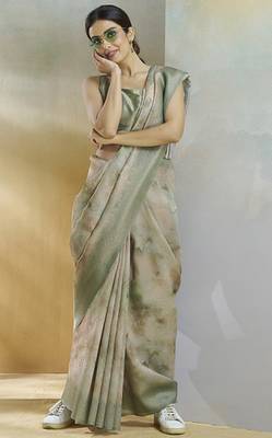 olive handloom silk blend woven saree with unstitched blouse piece 2