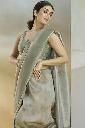 olive handloom silk blend woven saree with unstitched blouse piece