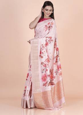 Pink coloured  floral styled weaved border buta with digital printed chanderi saree with blouse 1
