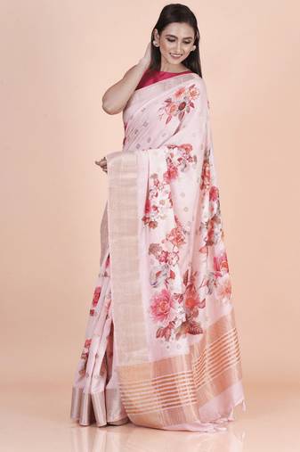 Pink coloured  floral styled weaved border buta with digital printed chanderi saree with blouse