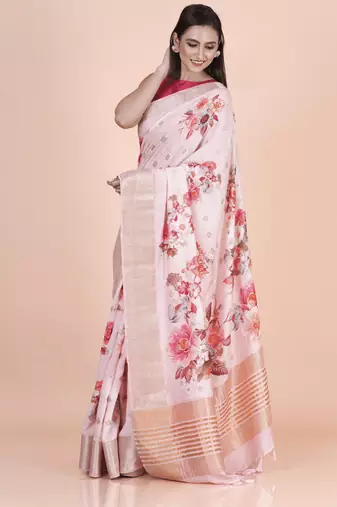 Pink coloured  floral styled weaved border buta with digital printed chanderi saree with blouse