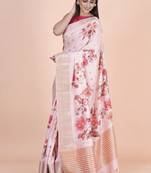 Pink coloured  floral styled weaved border buta with digital printed chanderi saree with blouse