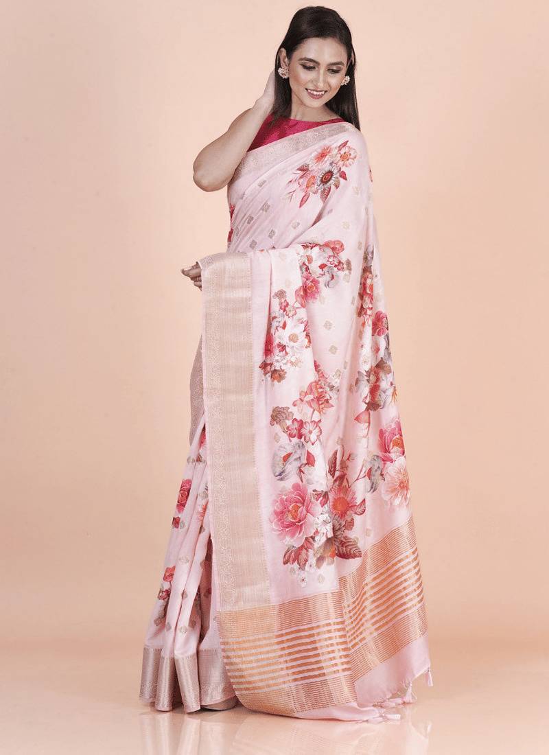 Pink coloured  floral styled weaved border buta with digital printed chanderi saree with blouse