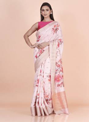Pink coloured  floral styled weaved border buta with digital printed chanderi saree with blouse 4