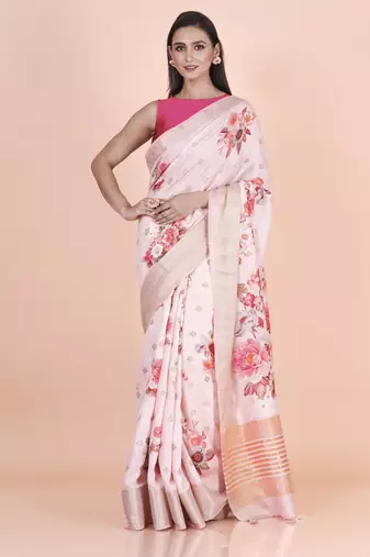 Pink coloured  floral styled weaved border buta with digital printed chanderi saree with blouse