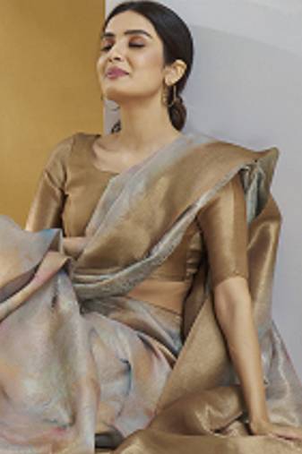 brown handloom silk blend woven saree with unstitched blouse piece