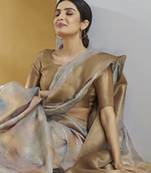 brown handloom silk blend woven saree with unstitched blouse piece