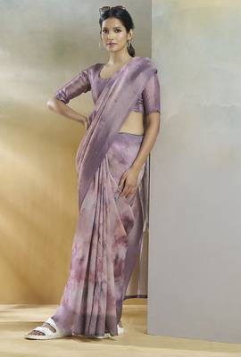 lavender handloom silk blend woven saree with unstitched blouse piece 4