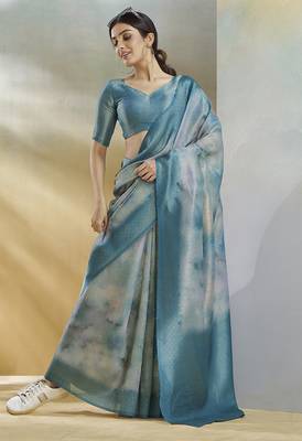 blue handloom silk blend woven saree with unstitched blouse piece 2