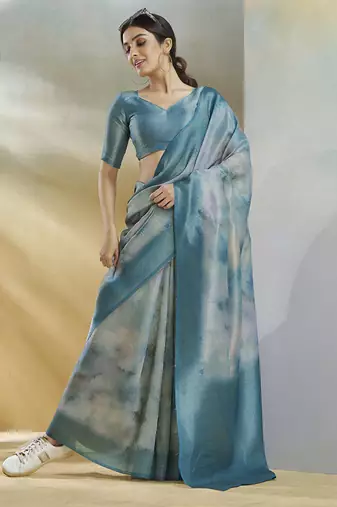 blue handloom silk blend woven saree with unstitched blouse piece