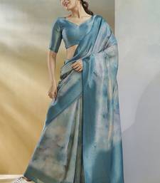 blue handloom silk blend woven saree with unstitched blouse piece