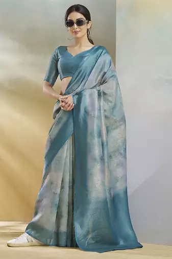 blue handloom silk blend woven saree with unstitched blouse piece
