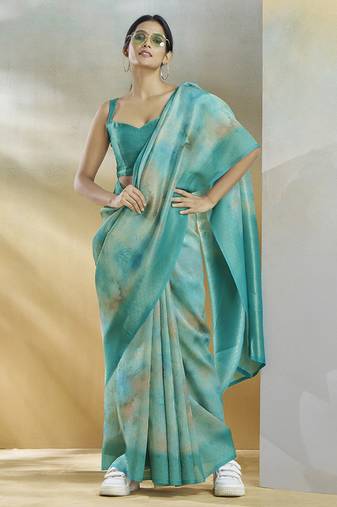 turquoise handloom silk blend woven saree with unstitched blouse piece