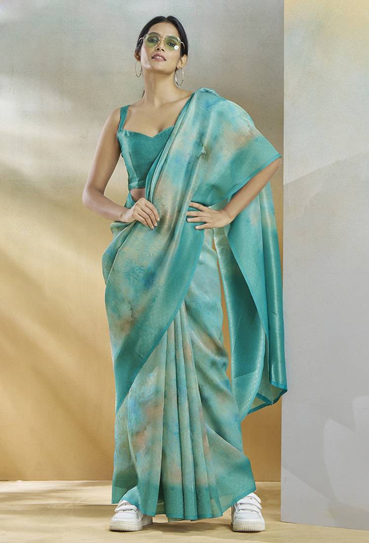 turquoise handloom silk blend woven saree with unstitched blouse piece