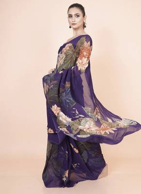 Purple coloured  botanical floral styled digital printed georgette saree with blouse 2