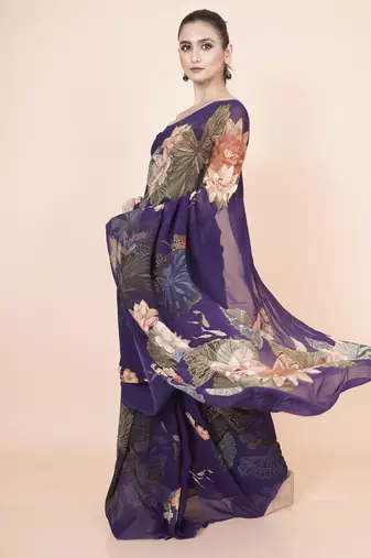 Purple coloured  botanical floral styled digital printed georgette saree with blouse