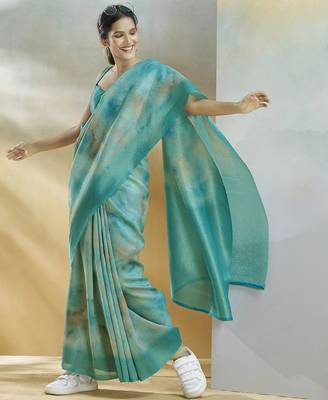 turquoise handloom silk blend woven saree with unstitched blouse piece 2