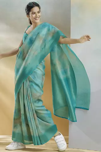 turquoise handloom silk blend woven saree with unstitched blouse piece