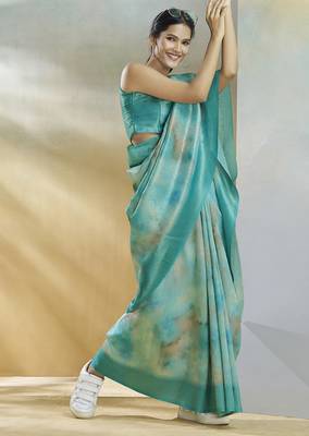 turquoise handloom silk blend woven saree with unstitched blouse piece 3