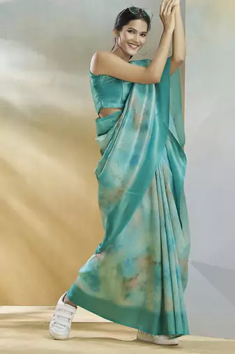 turquoise handloom silk blend woven saree with unstitched blouse piece