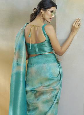 turquoise handloom silk blend woven saree with unstitched blouse piece 4